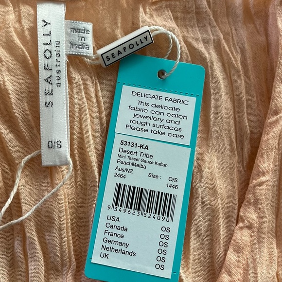NEW Seafolly Tasseled embroidered kaftan Coverup OSFM Peach - Picture 5 of 8